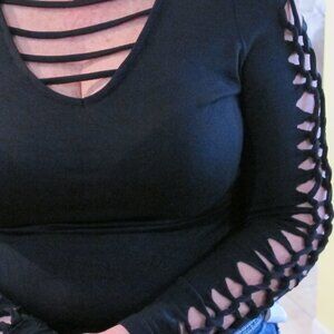 venus Black long sleeve top with arm cut outs and sexy neckline  size medium